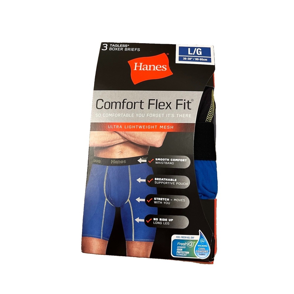 HANES NWT Men's Boxer Briefs 3 Pair Comfort Flex Fit Black, Blue Gray Sz L 36-38